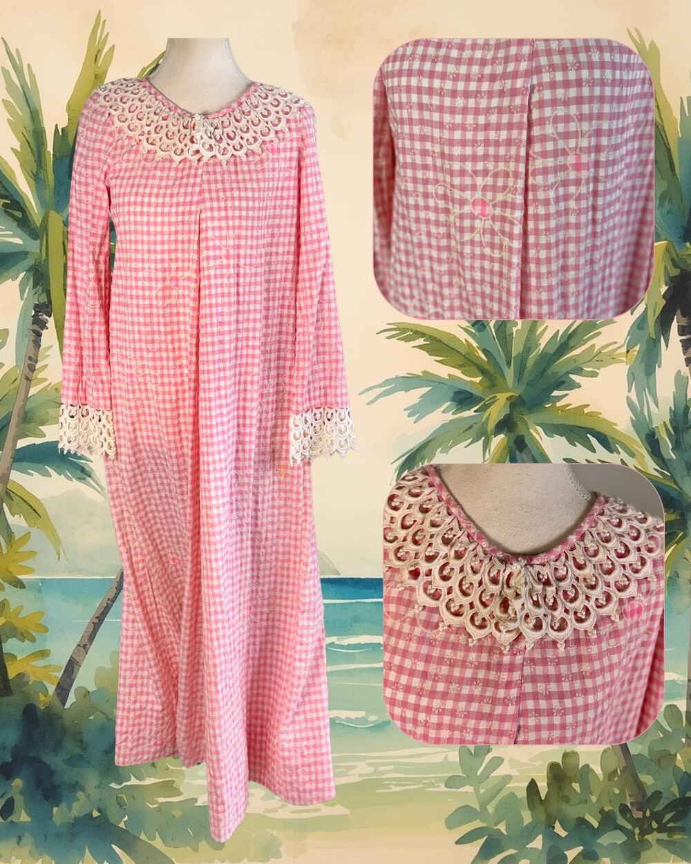 Vintage 70s Hilda Hawaii Pink Gingham Lace Collar Midi Muu Muu Size L